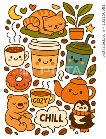 Cute cat coffee cup donut bear penguin teapot cozy chill plant coffee bean 132150081