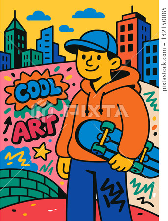 Young man orange hoodie holding skateboard, colorful city graffiti wall, urban street art style 132150085