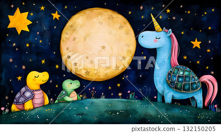 Cute Unicorn and Turtles Under the Moonlit Sky Cute Unicorn and Turtles Under the Moonlit Sky 132150205