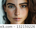 A portrait split a woman showing old and youth age. Generative AI. 132150226