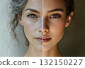 A portrait split a woman showing old and youth age. Generative AI. 132150227