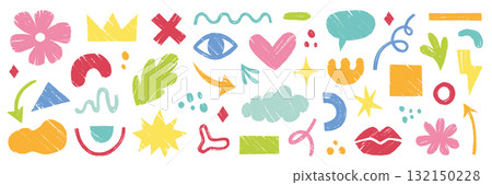 Crayon abstract organic element set. Hand drawn sketch doodle scribble pastel brush geometric figure shape crayon texture background. Abstract arrow, circle, zigzag elements. Vector Crayon abstract organic element set. Hand drawn sketch doodle scribble pastel brush geometric figure shape crayon texture background. Abstract arrow, circle, zigzag elements. Vector 132150228