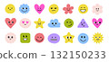 Face smile emoji doodle icon sticker set. Cute kid doodle style funny face emoji smile sticker. Funny cartoon emoticon heart, star, flower trendy character shape. Vector 132150233