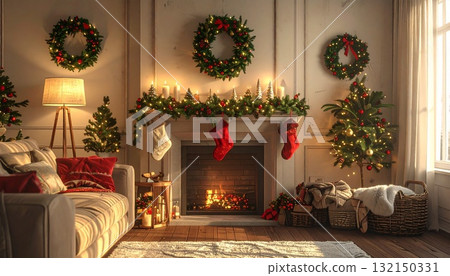 Natural interior decorated for Christmas 132150331