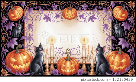 Halloween frame background with black cat and pumpkin 132150439