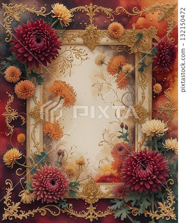 帶有菊花和金色裝飾的復古框架 132150472