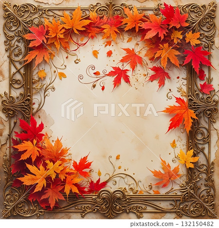 Classic frame with gold decoration and autumn leaves Classic frame with gold decoration and autumn leaves 132150482