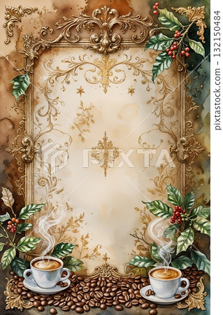 帶有金飾和咖啡豆的復古框架 帶有金飾和咖啡豆的復古框架 132150484