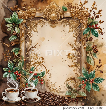 Elegant frame with gold decoration and coffee beans 132150485