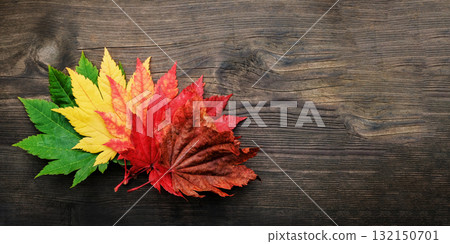 Maple leaf resting on a wooden board, symbolizing calmness, nostalgia Maple leaf resting on a wooden board, symbolizing calmness, nostalgia 132150701