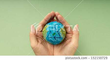 Earth in hands symbolizing sustainability, Recyling and Renewable 132150729