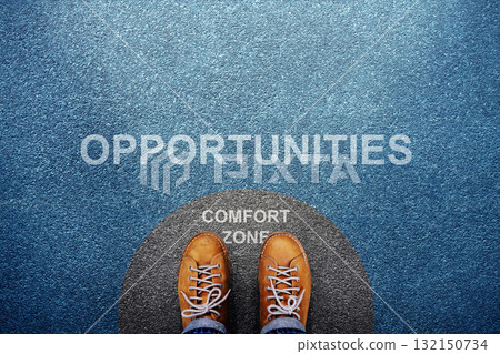 Comfort Zone Concept. Male on Circle Line Concrete Floor, Ready or Start 132150734