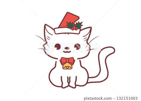一隻戴著聖誕帽的可愛白貓的插圖 132151003