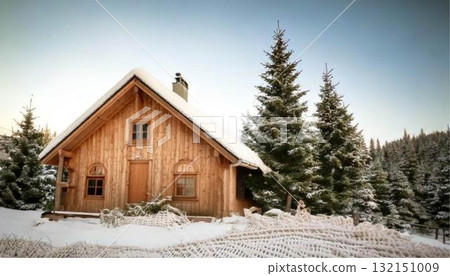 雪景中的小木屋 白雪覆蓋的森林和小屋 132151009