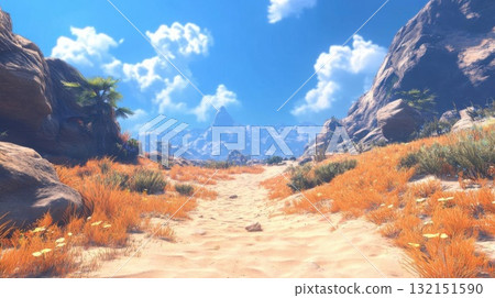 Scenic desert landscape with rocky mountains and blue sky. 132151590