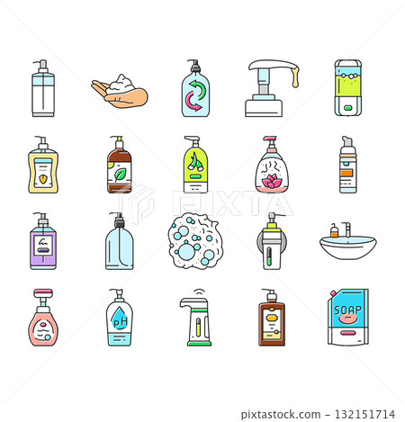 liquid soap cleanser hygiene icons set vector liquid soap cleanser hygiene icons set vector 132151714
