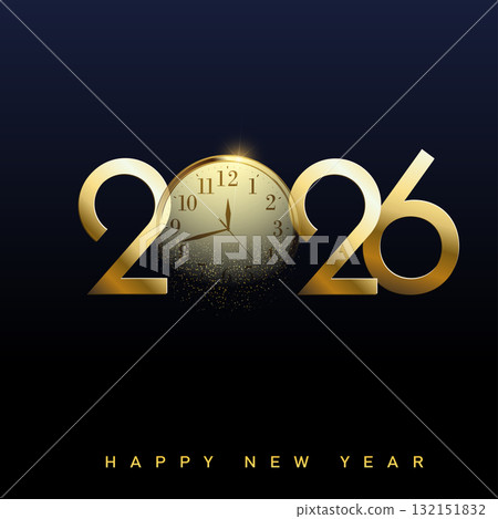Elegant Happy New Year 2026 with bold 3D metallic gold typography. Vector Elegant Happy New Year 2026 with bold 3D metallic gold typography. Vector 132151832