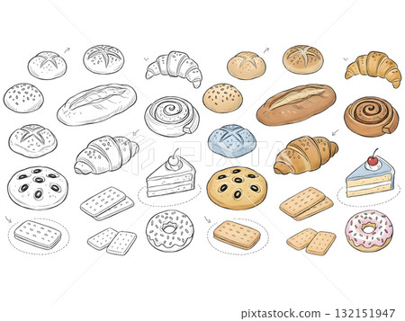 bakery and pastry set. Vector collections of bread, buns, croissant and other types of baked food. Sketch doodle style ink illustration. 132151947