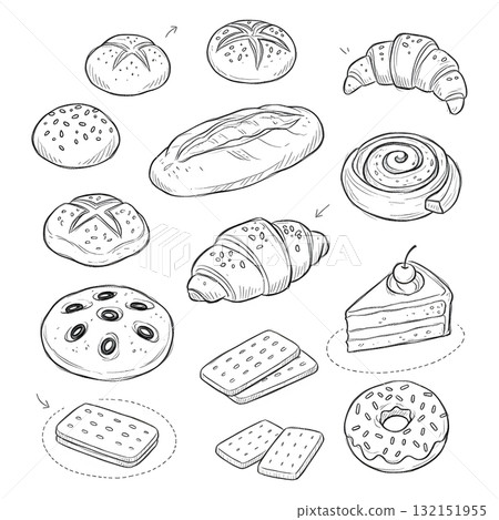 bakery and pastry set. Vector collections of bread, buns, croissant and other types of baked food. Sketch doodle style ink illustration. 132151955