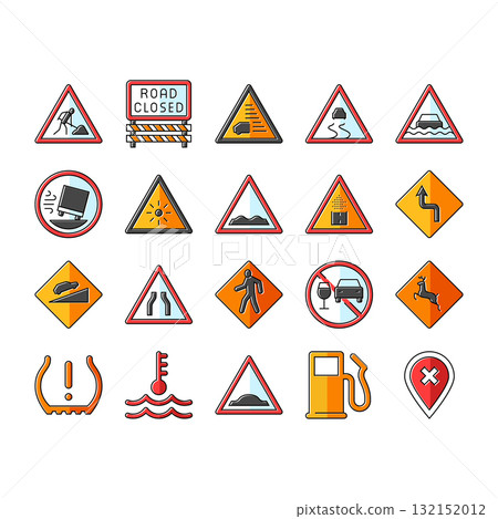 car driving obstacles road icons set vector 132152012