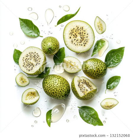 Fresh green fruit with leaves and water droplets. Concept of healthy eating and nature. Fresh green fruit with leaves and water droplets. Concept of healthy eating and nature. 132152068