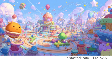 Whimsical Pastel Cityscape With Cartoon Characters Whimsical Pastel Cityscape With Cartoon Characters 132152070