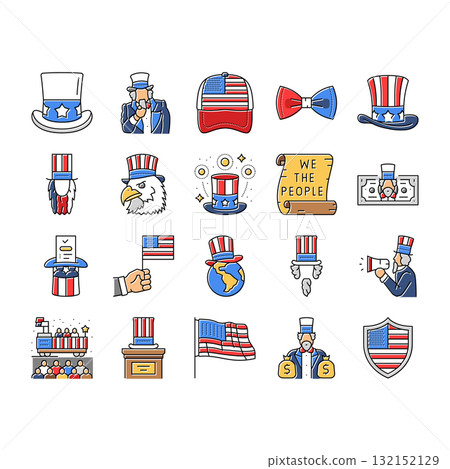 uncle sam patriotism propaganda icons set vector uncle sam patriotism propaganda icons set vector 132152129