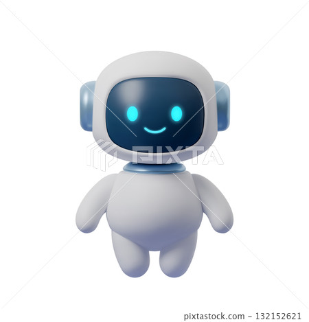 3D cute robot mascot with glowing face, smiling AI assistant. Futuristic cartoon bot isolated on white, digital illustration for technology, innovation and modern design 132152621