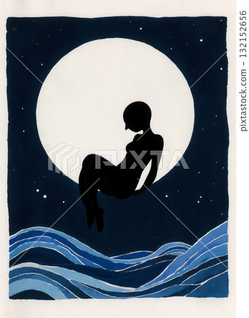 A woman's silhouette in the midnight sea under a full moon. Another world. Blue world. 132152656
