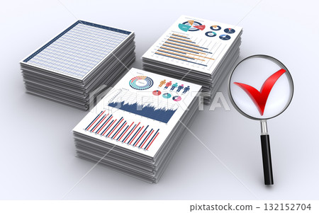 放大鏡查看成堆的商業文件和複選標記 132152704