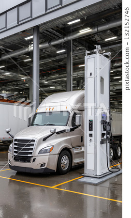 Large electric semi truck charging at powerful megawatt charging system, showcasing commercial vehicle electric Vehicle Infrastructure Large electric semi truck charging at powerful megawatt charging system, showcasing commercial vehicle electric Vehicle Infrastructure 132152746