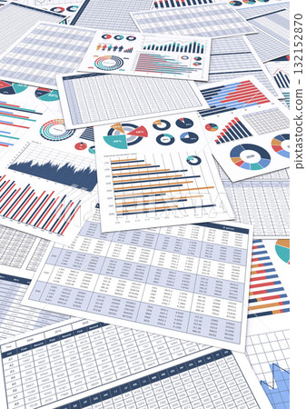 Multiple printed documents and materials with business data 132152870