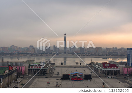 The Juche Tower and Taedong River in Pyongyang, North Korea The Juche Tower and Taedong River in Pyongyang, North Korea 132152905