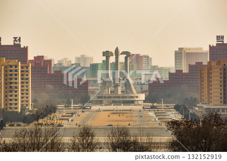 View across Pyongyang to the Monument to the Party Foundation View across Pyongyang to the Monument to the Party Foundation 132152919