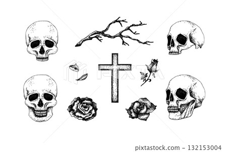 Halloween graphic set with Skull, roses flowers, dry branch and cross object. Hand drawn illustration without white background in Gothic, Punk style, vector for textile, stationery, festive packaging 132153004