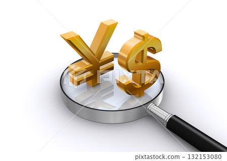 3D currency symbols and magnifying glass, dollar and yen 3D currency symbols and magnifying glass, dollar and yen 132153080