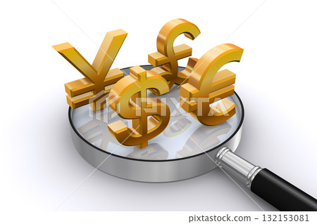 3D currency symbols and magnifying glass, dollar, yen, euro, pound 132153081