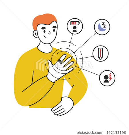 Man wearing smart ring for health monitoring, flat cartoon vector illustration for wellness and technology design, wearable device tracking sleep, temperature, stress and overall body condition 132153198