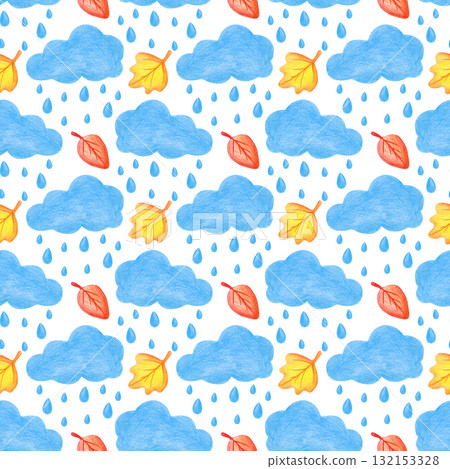 Seamless autumn pattern with rainy clouds and falling leaves, hand-drawn. Drawing with colored pencils on a white background. A delicate seamless template with bright leaves and rain for decorating Seamless autumn pattern with rainy clouds and falling leaves, hand-drawn. Drawing with colored pencils on a white background. A delicate seamless template with bright leaves and rain for decorating 132153328