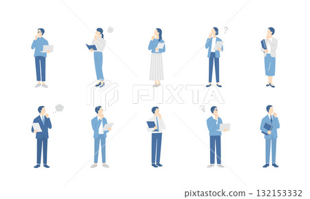 商務人士手持電腦或文件檔案思考的全身插圖集 132153332