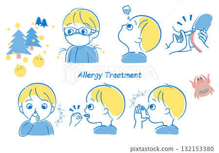 Illustration set about allergies, hay fever prevention and treatment Illustration set about allergies, hay fever prevention and treatment 132153380