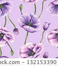 Anemone purple flower with green stem and pink buds watercolor floral seamless pattern. Hand painted spring or summer fabric design, packaging, wallpaper on Isolated lilac background romantic clipart 132153390