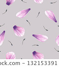 Watercolor purple petals with stamens from anemone flowers seamless pattern. Hand drawn Pink gender realistic windflowers part, floral fabric, wallpaper on Isolated pastel grey background illustration 132153391