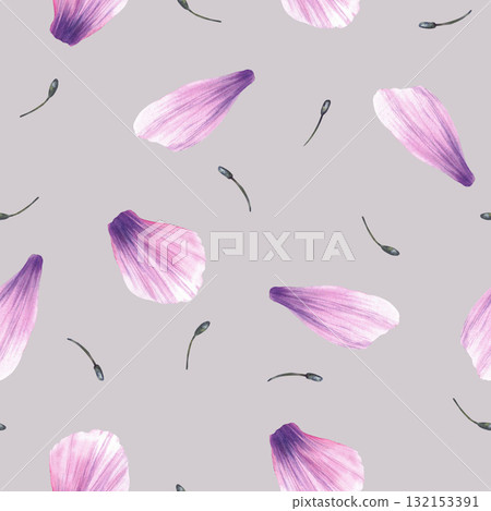 Watercolor purple petals with stamens from anemone flowers seamless pattern. Hand drawn Pink gender realistic windflowers part, floral fabric, wallpaper on Isolated pastel grey background illustration Watercolor purple petals with stamens from anemone flowers seamless pattern. Hand drawn Pink gender realistic windflowers part, floral fabric, wallpaper on Isolated pastel grey background illustration 132153391