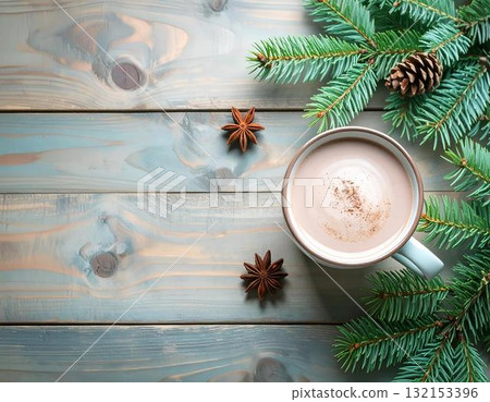 木桌上的咖啡 132153396