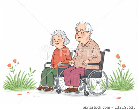 白色背景中坐在輪椅上的祖父和祖母 132153523