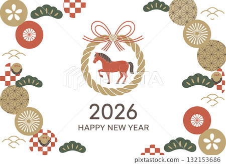 2026 年新年賀卡設計採用傳統十二生肖馬圖案及注連繩裝飾 132153686