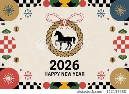 2026 年新年賀卡設計採用傳統十二生肖馬圖案及注連繩裝飾 132153688