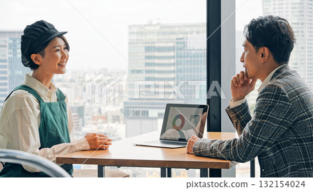 Restaurant staff and business people meeting inside the restaurant 132154024