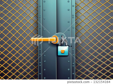 一扇鎖著的抽象金屬門的 3D 插圖 132154164